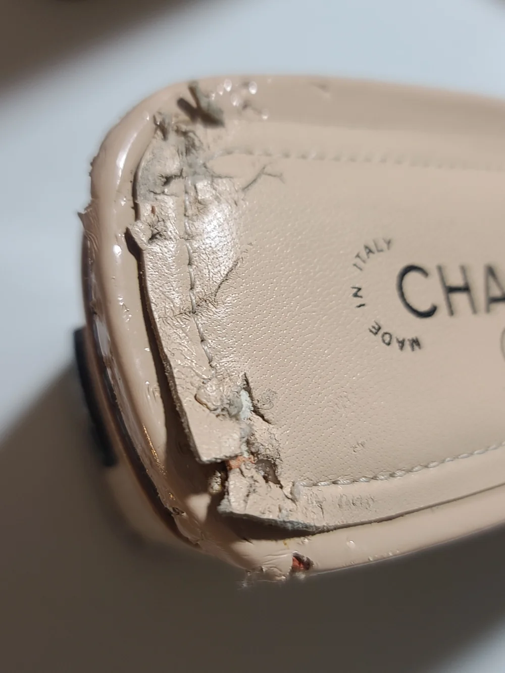 CHANEL Nude Patent Leather Slide Sandals
